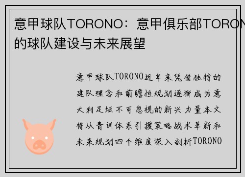 意甲球队TORONO：意甲俱乐部TORONO的球队建设与未来展望