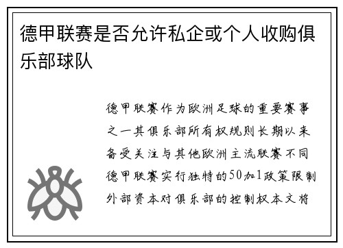 德甲联赛是否允许私企或个人收购俱乐部球队